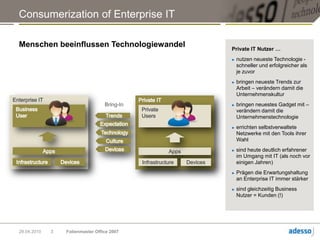 Consumerization of Enterprise ITMenschen beeinflussen Technologiewandel28.04.2010Folienmaster Office 20073Private IT Nutzer …nutzen neueste Technologie - schneller und erfolgreicher als je zuvorbringen neueste Trends zur Arbeit – verändern damit die Unternehmenskulturbringen neuestes Gadget mit –  verändern damit die Unternehmenstechnologieerrichten selbstverwaltete Netzwerke mit den Tools ihrer Wahlsind heute deutlich erfahrener im Umgang mit IT (als noch vor einigen Jahren)Prägen die Erwartungshaltung an Enterprise IT immer stärkersind gleichzeitig Business Nutzer = Kunden (!)Enterprise ITPrivate ITBring-InBusinessUserPrivateUsersTrendsExpectationTechnologyInhouse ServicesCultureDevicesAppsAppsInfrastructureDevicesInfrastructureDevices