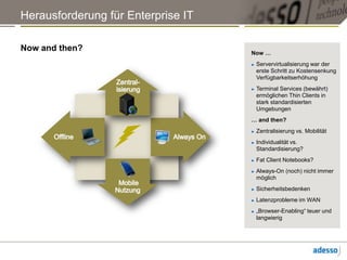 Herausforderung für Enterprise ITNowandthen?Now …Servervirtualisierung war der erste Schritt zu Kostensenkung VerfügbarkeitserhöhungTerminal Services (bewährt) ermöglichen Thin Clients in stark standardisierten Umgebungen… andthen? Zentralisierung vs. MobilitätIndividualität vs. Standardisierung?Fat Client Notebooks?Always-On (noch) nicht immer möglichSicherheitsbedenkenLatenzprobleme im WAN„Browser-Enabling“ teuer und langwierigZentral-isierungAlways OnOffline Mobile Nutzung
