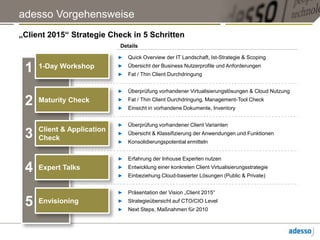 adesso Vorgehensweise„Client 2015“ Strategie Check in 5 SchrittenDetails1-Day WorkshopQuick Overview der IT Landschaft, Ist-Strategie & Scoping