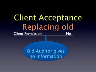 Client Acceptance
  Replacing old
Client Permission          No



       Old Auditor gives
        no information
 
