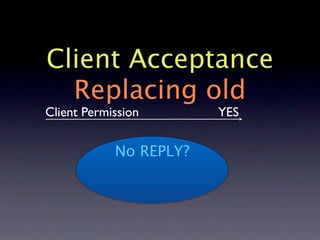 Client Acceptance
  Replacing old
Client Permission       YES


            No REPLY?
 
