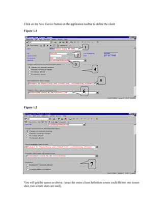 Click on the New Entries button on the application toolbar to define the client
Figure 1.1
Figure 1.2
You will get the screen as above. (since the entire client definition screen could fit into one screen
shot, two screen shots are used).
1
2
3
4
5
6
7
 