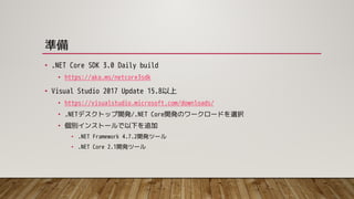 準備
• .NET Core SDK 3.0 Daily build
• https://aka.ms/netcore3sdk
• Visual Studio 2017 Update 15.8以上
• https://visualstudio.microsoft.com/downloads/
• .NETデスクトップ開発/.NET Core開発のワークロードを選択
• 個別インストールで以下を追加
• .NET Framework 4.7.2開発ツール
• .NET Core 2.1開発ツール
 
