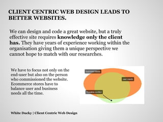 We can design and code a great website, but a truly
effective site requires knowledge only the client
has. They have years of experience working within the
organisation giving them a unique perspective we
cannot hope to match with our researches.
White Ducky | Client Centric Web Design
CLIENT CENTRIC WEB DESIGN LEADS TO
BETTER WEBSITES.
We have to focus not only on the
end-user but also on the person
who commissioned the website.
Ecommerce stores have to
balance user and business
needs all the time.
 
