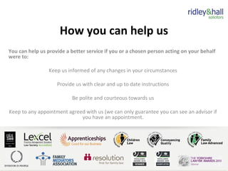 How you can help us
You can help us provide a better service if you or a chosen person acting on your behalf
were to:
Keep us informed of any changes in your circumstances
Provide us with clear and up to date instructions
Be polite and courteous towards us
Keep to any appointment agreed with us (we can only guarantee you can see an advisor if
you have an appointment.
 