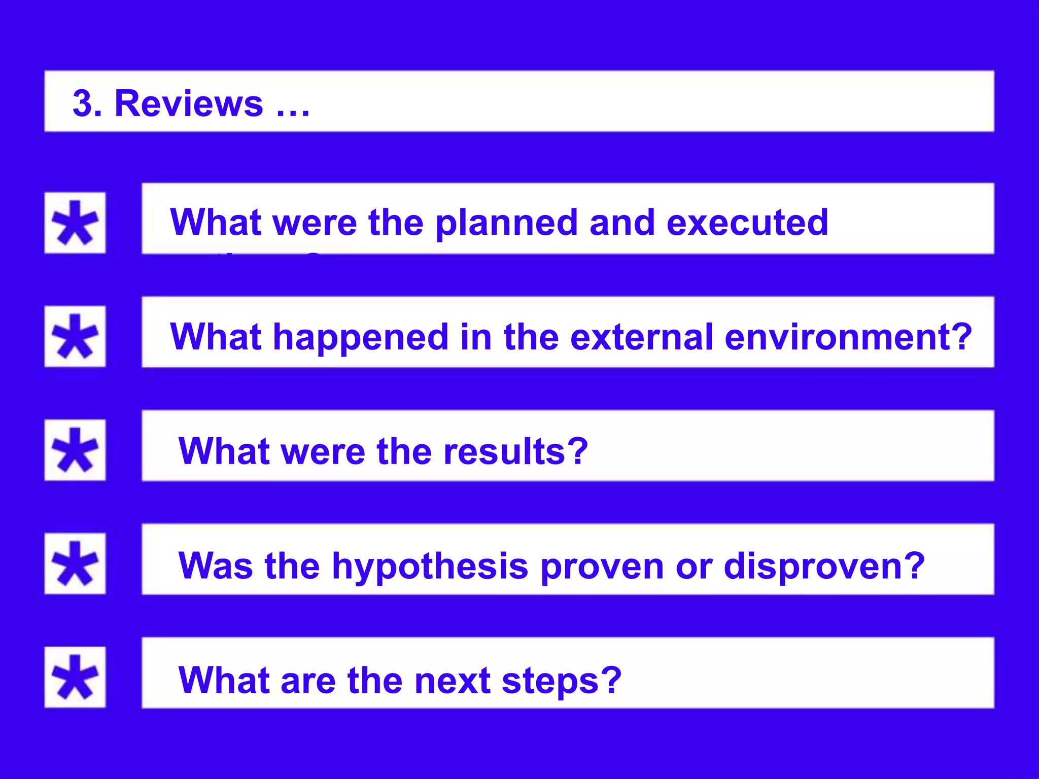 3. Reviews …


    What were the planned and executed
    actions?
    What happened in the external environment?


     What were the results?


     Was the hypothesis proven or disproven?


     What are the next steps?
 