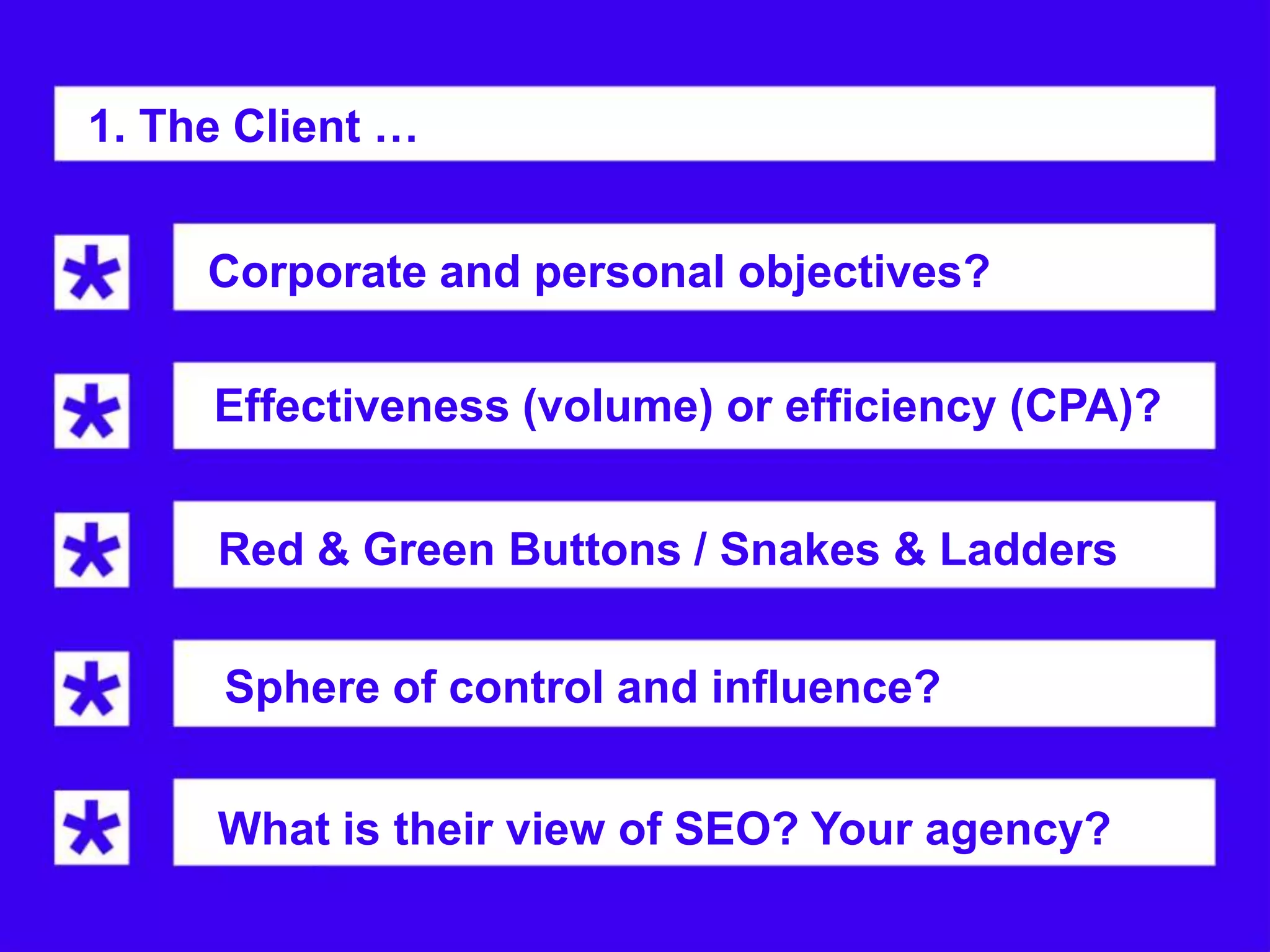 1. The Client …


     Corporate and personal objectives?

     Effectiveness (volume) or efficiency (CPA)?


     Red & Green Buttons / Snakes & Ladders

      Sphere of control and influence?


     What is their view of SEO? Your agency?
     You?
 