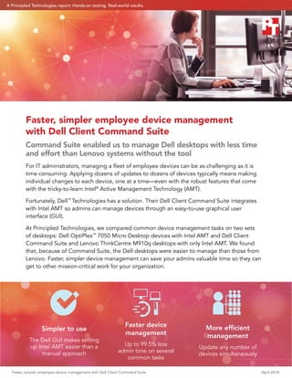 Faster, simpler employee device management with Dell Client Command Suite	 April 2018
Faster, simpler employee device management
with Dell Client Command Suite
Command Suite enabled us to manage Dell desktops with less time
and effort than Lenovo systems without the tool
For IT administrators, managing a fleet of employee devices can be as challenging as it is
time consuming. Applying dozens of updates to dozens of devices typically means making
individual changes to each device, one at a time­—even with the robust features that come
with the tricky-to-learn Intel®
Active Management Technology (AMT).
Fortunately, Dell™
Technologies has a solution. Their Dell Client Command Suite integrates
with Intel AMT so admins can manage devices through an easy-to-use graphical user
interface (GUI).
At Principled Technologies, we compared common device management tasks on two sets
of desktops: Dell OptiPlex™
7050 Micro Desktop devices with Intel AMT and Dell Client
Command Suite and Lenovo ThinkCentre M910q desktops with only Intel AMT. We found
that, because of Command Suite, the Dell desktops were easier to manage than those from
Lenovo. Faster, simpler device management can save your admins valuable time so they can
get to other mission-critical work for your organization.
Simpler to use
The Dell GUI makes setting
up Intel AMT easier than a
manual approach
Faster device
management
Up to 99.5% less
admin time on several
common tasks
More efficient
management
Update any number of
devices simultaneously
A Principled Technologies report: Hands-on testing. Real-world results.
 