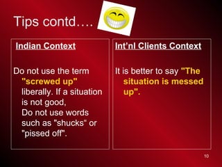 10
Indian Context
Do not use the term
"screwed up"
liberally. If a situation
is not good,
Do not use words
such as "shucks...