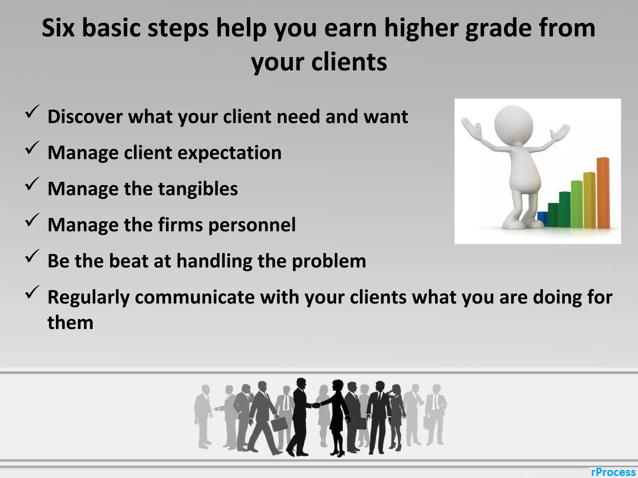 Six basic steps help you earn higher grade from
your clients
 Discover what your client need and want
 Manage client expectation
 Manage the tangibles
 Manage the firms personnel
 Be the beat at handling the problem
 Regularly communicate with your clients what you are doing for
them
 