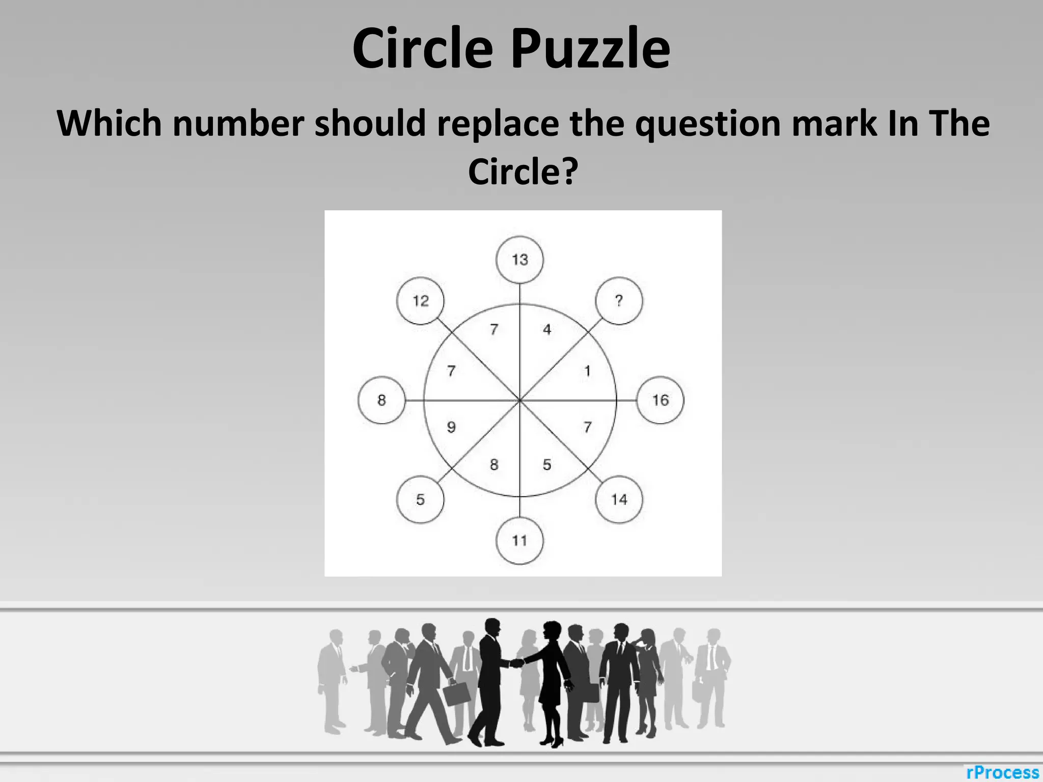 Circle Puzzle
Which number should replace the question mark In The
Circle?
 