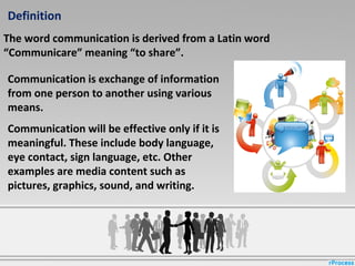 Communication is exchange of information
from one person to another using various
means.
Communication will be effective only if it is
meaningful. These include body language,
eye contact, sign language, etc. Other
examples are media content such as
pictures, graphics, sound, and writing.
Definition
The word communication is derived from a Latin word
“Communicare” meaning “to share”.
 