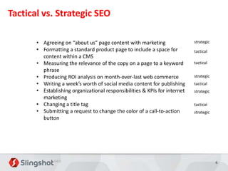 Tactical vs. Strategic SEO

       • Agreeing on “about us” page content with marketing                 strategic
       • Formatting a standard product page to include a space for          tactical
         content within a CMS
       • Measuring the relevance of the copy on a page to a keyword         tactical
         phrase
       • Producing ROI analysis on month-over-last web commerce             strategic
       • Writing a week’s worth of social media content for publishing      tactical
       • Establishing organizational responsibilities & KPIs for internet   strategic
         marketing
       • Changing a title tag                                               tactical
       • Submitting a request to change the color of a call-to-action       strategic
         button




                                                                                        6
 