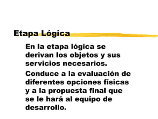 Etapa Lógica
En la etapa lógica se
derivan los objetos y sus
servicios necesarios.
Conduce a la evaluación de
diferentes opciones físicas
y a la propuesta final que
se le hará al equipo de
desarrollo.
 