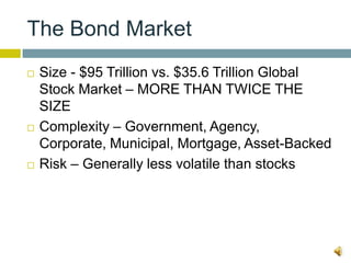 The Bond Market
   Size - $95 Trillion vs. $35.6 Trillion Global
    Stock Market – MORE THAN TWICE THE
    SIZE
   Complexity – Government, Agency,
    Corporate, Municipal, Mortgage, Asset-Backed
   Risk – Generally less volatile than stocks
 