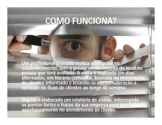 35 8811046
Lucarlos.ramos@hotmail.com
35 8811046
Lucarlos.ramos@hotmail.com
COMO FUNCIONA?
Um profissional treinado realiza a pesquisa no
estabelecimento, sem o prévio conhecimento do local ou
pessoa que será avaliada. A visita é realizada em dias
alternados, em horário comercial, baseada no movimento
de clientes informado e levando-se em consideração a
variação do fluxo de clientes ao longo da semana.
Depois é elaborado um relatório de visitas, informando
os pontos fortes e fracos da sua empresa para que haja o
aperfeiçoamento no atendimento ao cliente.
 