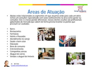 35 8811046
Lucarlos.ramos@hotmail.com
35 8811046
Lucarlos.ramos@hotmail.com
• Abaixo estão relacionados os segmentos em que atuamos onde para cada um deles
temos um consultor especializado com vasto conhecimento na área como gestor ou
consultor. Este é o nosso grande diferencial, nossos clientes ocultos são profissionais
gabaritados do mercado que sabem de forma precisa levantar os pontos que
precisam ser avaliados
• Bares
• Restaurantes
• Farmácias
• Hotéis e Pousadas
• Atendimento no varejo
• Saúde e bem estar
• Educação
• Bens de consumo
• Entretenimento
• Companhias aéreas
• Aluguel de carros
• Vendas e aluguel de imóveis
Áreas de Atuação
 
