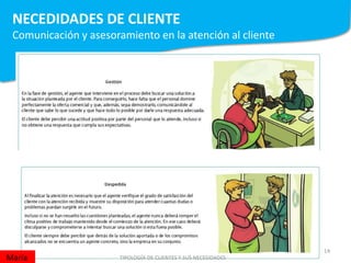 NECEDIDADES DE CLIENTE
Comunicación y asesoramiento en la atención al cliente
TIPOLOGÍA DE CLIENTES Y SUS NECESIDADES
14
MaríaMaría
 