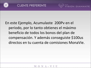 En este Ejemplo, Acumulaste  200Pv en el periodo, por lo tanto obtienes el máximo beneficio de todos los bonos del plan de compensación. Y además conseguiste $100us directos en tu cuenta de comisiones MonaVie. CLIENTE PREFERENTE 