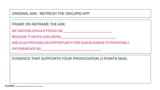 Strategy Prototyping
Each of you will play  
a specific role:  
 
User, Market,
Business,
Competition.
Group Exercise
 