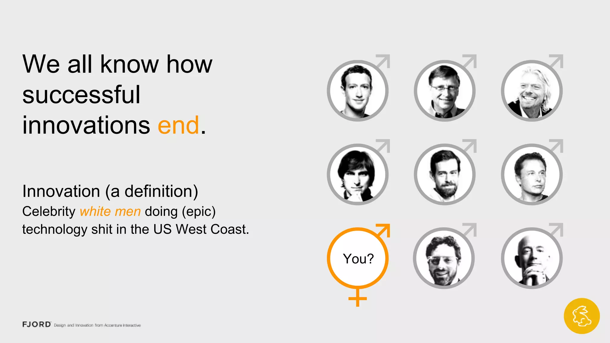 We all know how
successful
innovations end.
Innovation (a definition)
Celebrity white men doing (epic)
technology shit in the US West
Coast.
You?