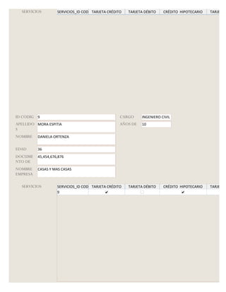 SERVICIOS         SERVICIOS_ID CODIGO
                                      TARJETA CRÉDITO   TARJETA DÉBITO   CRÉDITO HIPOTECARIO   TARJETA G




ID CODIG 9                                          CARGO     INGENIERO CIVIL
APELLIDO MORA ESPITIA                               AÑOS DE   10
S
NOMBRE    DANIELA ORTENZA


EDAD      36
DOCUME    45,454,676,876
NTO DE
NOMBRE    CASAS Y MAS CASAS
EMPRESA

  SERVICIOS         SERVICIOS_ID CODIGO
                                      TARJETA CRÉDITO   TARJETA DÉBITO   CRÉDITO HIPOTECARIO   TARJETA G
                    9
 