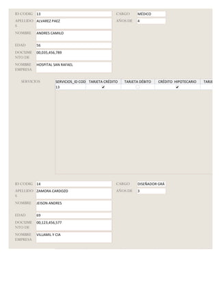 ID CODIG 13                                          CARGO     MÉDICO
APELLIDO ALVAREZ PAEZ                                AÑOS DE   4
S
NOMBRE    ANDRES CAMILO


EDAD      56
DOCUME    00,035,456,789
NTO DE
NOMBRE    HOSPITAL SAN RAFAEL
EMPRESA

  SERVICIOS          SERVICIOS_ID CODIGO
                                       TARJETA CRÉDITO   TARJETA DÉBITO   CRÉDITO HIPOTECARIO   TARJETA G
                     13




ID CODIG 14                                          CARGO     DISEÑADOR GRÁ
APELLIDO ZAMORA CARDOZO                              AÑOS DE   3
S
NOMBRE    JEISON ANDRES


EDAD      69
DOCUME    00,123,456,577
NTO DE
NOMBRE    VILLAMIL Y CIA
EMPRESA

  SERVICIOS          SERVICIOS_ID CODIGO
                                       TARJETA CRÉDITO   TARJETA DÉBITO   CRÉDITO HIPOTECARIO   TARJETA G
 