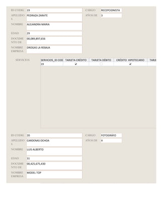 ID CODIG 19                                         CARGO     RECEPCIONISTA
APELLIDO PEDRAZA ZARATE                             AÑOS DE   3
S
NOMBRE    ALEJANDRA MARIA


EDAD      29
DOCUME    00,089,897,656
NTO DE
NOMBRE    DROGAS LA REBAJA
EMPRESA

  SERVICIOS         SERVICIOS_ID CODIGO
                                      TARJETA CRÉDITO   TARJETA DÉBITO    CRÉDITO HIPOTECARIO   TARJETA G
                    19




ID CODIG 20                                         CARGO     FOTOGRÁFO
APELLIDO CARDENAS OCHOA                             AÑOS DE   4
S
NOMBRE    LUIS ALBERTO


EDAD      31
DOCUME    00,425,675,430
NTO DE
NOMBRE    MODEL TOP
EMPRESA

  SERVICIOS         SERVICIOS_ID CODIGO
                                      TARJETA CRÉDITO   TARJETA DÉBITO    CRÉDITO HIPOTECARIO   TARJETA G
 