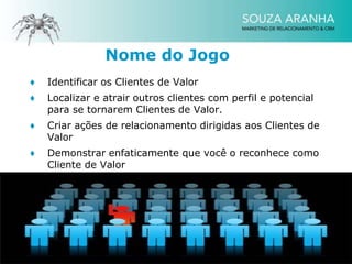 Nome do Jogo
♦   Identificar os Clientes de Valor
♦   Localizar e atrair outros clientes com perfil e potencial
    para se tornarem Clientes de Valor.
♦   Criar ações de relacionamento dirigidas aos Clientes de
    Valor
♦   Demonstrar enfaticamente que você o reconhece como
    Cliente de Valor
 