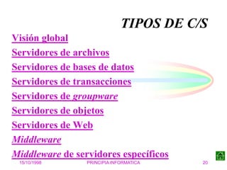 15/10/1998 PRINCIPIA INFORMATICA 20
TIPOS DE C/S
Visión global
Servidores de archivos
Servidores de bases de datos
Servidores de transacciones
Servidores de groupware
Servidores de objetos
Servidores de Web
Middleware
Middleware de servidores específicos
 