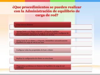 ¿Que procedimientos se pueden realizar
 con la Administración de equilibrio de
            carga de red?

  Crear nuevos clústeres



  Agregar hosts a un clúster existente y, al hacerlo, habilitar
  automáticamente Equilibrio de carga de red en ese host y configurar de
  forma automática parámetros de clúster en ese host


  Quitar hosts de un clúster y, al hacerlo, deshabilitar automáticamente
  Equilibrio de carga de red en ese host



  Configurar todas las propiedades de host y clúster




  Replicar la configuración de clúster en otros hosts



  Diagnosticar problemas en clústeres de Equilibrio de carga de red
  existentes
 