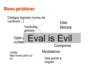 Boas práticas
Códigos legíveis (nome de
variáveis...)
Variáveis
globais
Opte por notações
curtas
ModularizeValide
http://www.jslint.co
m/ Use ponto e
virgula
Escop
o
Use
blocos
Comprima
Eval is Evil
 