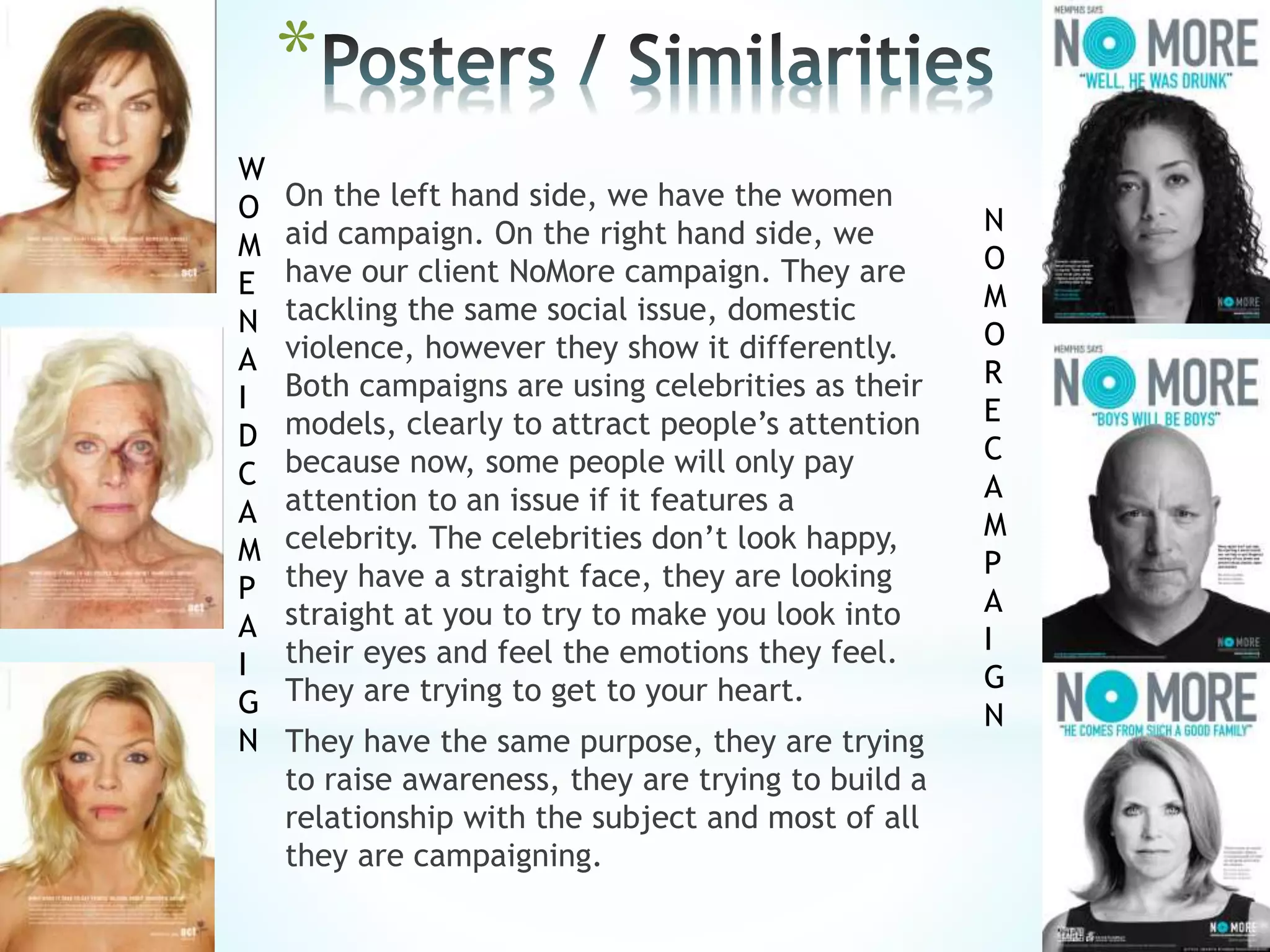 *
On the left hand side, we have the women
aid campaign. On the right hand side, we
have our client NoMore campaign. They are
tackling the same social issue, domestic
violence, however they show it differently.
Both campaigns are using celebrities as their
models, clearly to attract people’s attention
because now, some people will only pay
attention to an issue if it features a
celebrity. The celebrities don’t look happy,
they have a straight face, they are looking
straight at you to try to make you look into
their eyes and feel the emotions they feel.
They are trying to get to your heart.
They have the same purpose, they are trying
to raise awareness, they are trying to build a
relationship with the subject and most of all
they are campaigning.
W
O
M
E
N
A
I
D
C
A
M
P
A
I
G
N
N
O
M
O
R
E
C
A
M
P
A
I
G
N
 