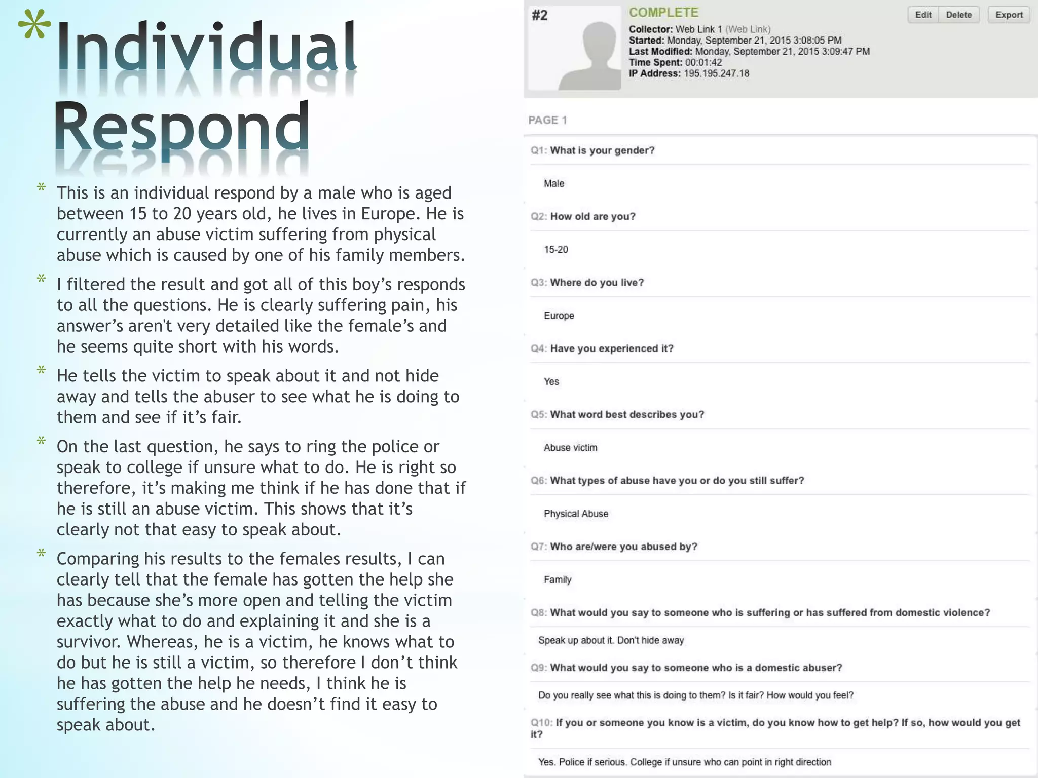 *
* This is an individual respond by a male who is aged
between 15 to 20 years old, he lives in Europe. He is
currently an abuse victim suffering from physical
abuse which is caused by one of his family members.
* I filtered the result and got all of this boy’s responds
to all the questions. He is clearly suffering pain, his
answer’s aren't very detailed like the female’s and
he seems quite short with his words.
* He tells the victim to speak about it and not hide
away and tells the abuser to see what he is doing to
them and see if it’s fair.
* On the last question, he says to ring the police or
speak to college if unsure what to do. He is right so
therefore, it’s making me think if he has done that if
he is still an abuse victim. This shows that it’s
clearly not that easy to speak about.
* Comparing his results to the females results, I can
clearly tell that the female has gotten the help she
has because she’s more open and telling the victim
exactly what to do and explaining it and she is a
survivor. Whereas, he is a victim, he knows what to
do but he is still a victim, so therefore I don’t think
he has gotten the help he needs, I think he is
suffering the abuse and he doesn’t find it easy to
speak about.
 