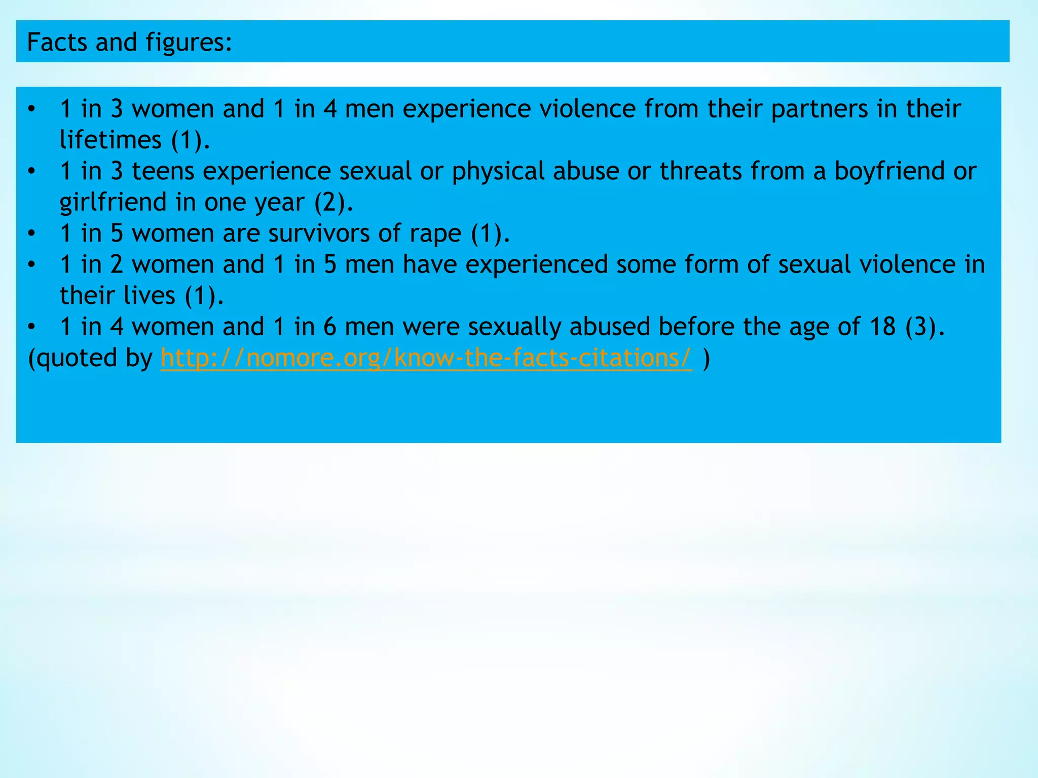 Facts and figures:
• 1 in 3 women and 1 in 4 men experience violence from their partners in their
lifetimes (1).
• 1 in 3 teens experience sexual or physical abuse or threats from a boyfriend or
girlfriend in one year (2).
• 1 in 5 women are survivors of rape (1).
• 1 in 2 women and 1 in 5 men have experienced some form of sexual violence in
their lives (1).
• 1 in 4 women and 1 in 6 men were sexually abused before the age of 18 (3).
(quoted by http://nomore.org/know-the-facts-citations/ )
 