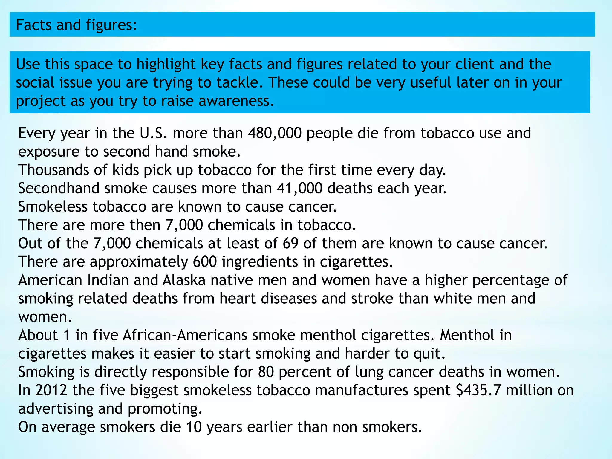 Facts and figures:
Use this space to highlight key facts and figures related to your client and the
social issue you are trying to tackle. These could be very useful later on in your
project as you try to raise awareness.
Every year in the U.S. more than 480,000 people die from tobacco use and
exposure to second hand smoke.
Thousands of kids pick up tobacco for the first time every day.
Secondhand smoke causes more than 41,000 deaths each year.
Smokeless tobacco are known to cause cancer.
There are more then 7,000 chemicals in tobacco.
Out of the 7,000 chemicals at least of 69 of them are known to cause cancer.
There are approximately 600 ingredients in cigarettes.
American Indian and Alaska native men and women have a higher percentage of
smoking related deaths from heart diseases and stroke than white men and
women.
About 1 in five African-Americans smoke menthol cigarettes. Menthol in
cigarettes makes it easier to start smoking and harder to quit.
Smoking is directly responsible for 80 percent of lung cancer deaths in women.
In 2012 the five biggest smokeless tobacco manufactures spent $435.7 million on
advertising and promoting.
On average smokers die 10 years earlier than non smokers.
 