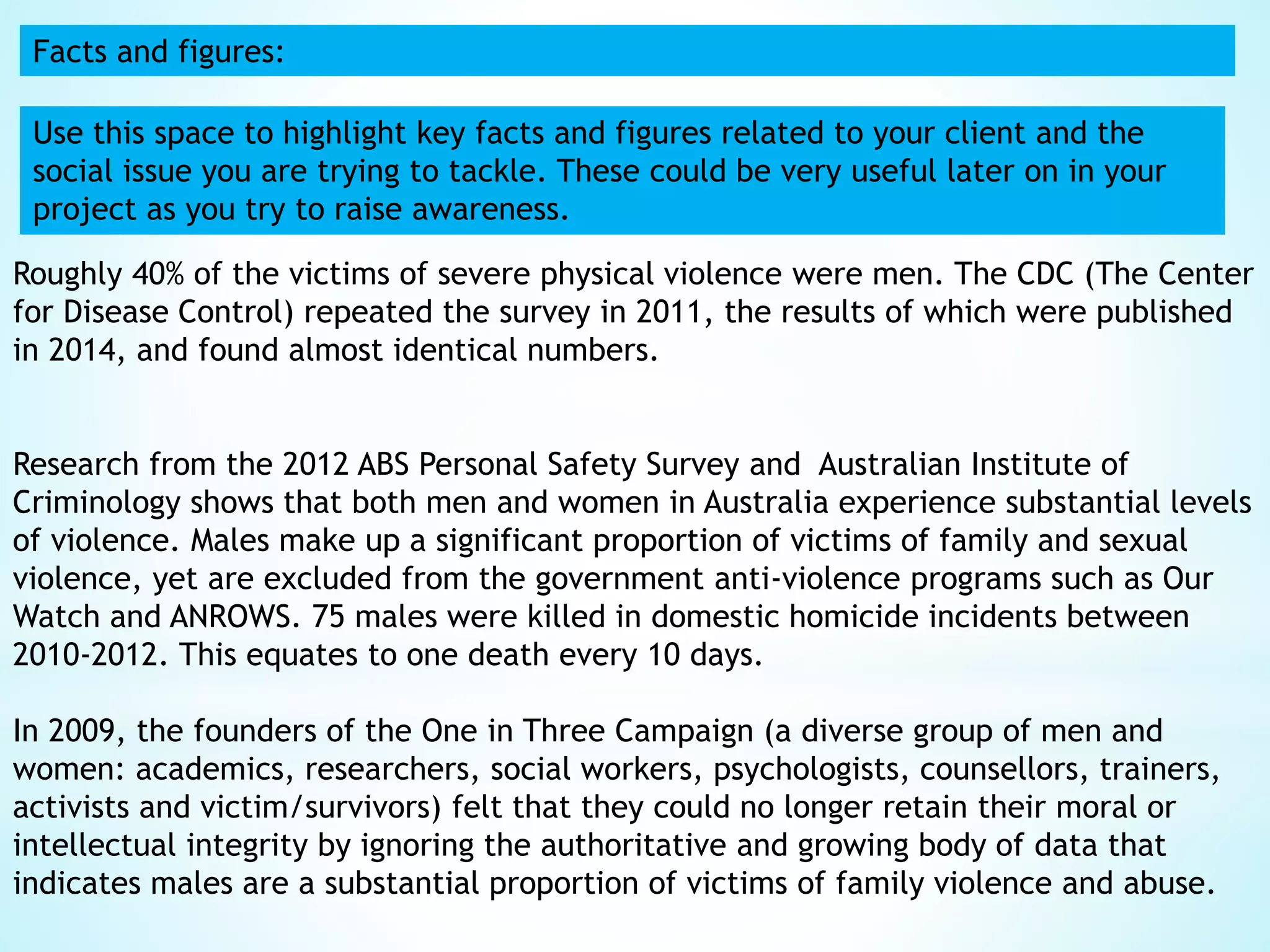Facts and figures:
Use this space to highlight key facts and figures related to your client and the
social issue you are trying to tackle. These could be very useful later on in your
project as you try to raise awareness.
Roughly 40% of the victims of severe physical violence were men. The CDC (The Center
for Disease Control) repeated the survey in 2011, the results of which were published
in 2014, and found almost identical numbers.
Research from the 2012 ABS Personal Safety Survey and Australian Institute of
Criminology shows that both men and women in Australia experience substantial levels
of violence. Males make up a significant proportion of victims of family and sexual
violence, yet are excluded from the government anti-violence programs such as Our
Watch and ANROWS. 75 males were killed in domestic homicide incidents between
2010-2012. This equates to one death every 10 days.
In 2009, the founders of the One in Three Campaign (a diverse group of men and
women: academics, researchers, social workers, psychologists, counsellors, trainers,
activists and victim/survivors) felt that they could no longer retain their moral or
intellectual integrity by ignoring the authoritative and growing body of data that
indicates males are a substantial proportion of victims of family violence and abuse.
 