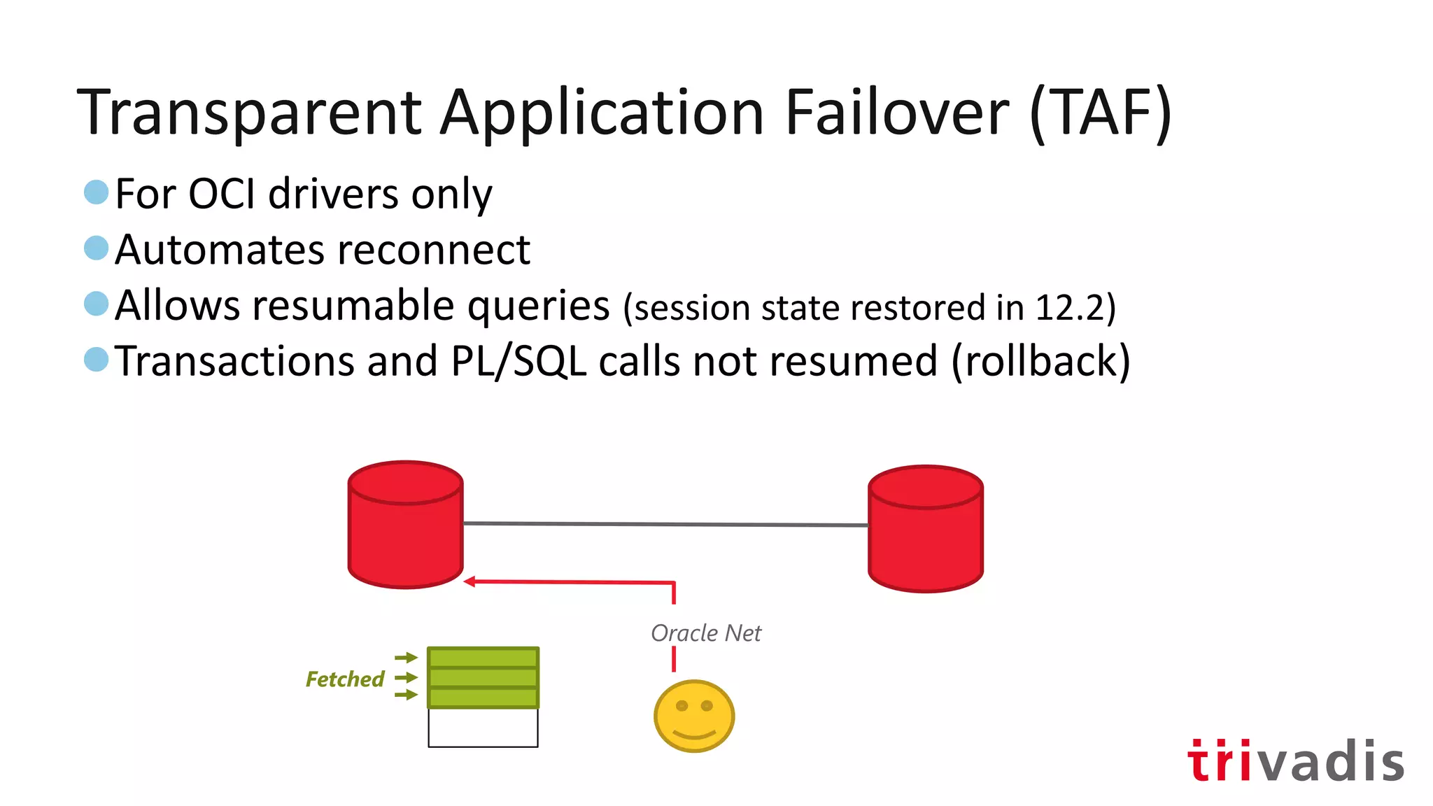 Transparent Application Failover (TAF)
●For OCI drivers only
●Automates reconnect
●Allows resumable queries (session state restored in 12.2)
●Transactions and PL/SQL calls not resumed (rollback)
Oracle Net
Fetched
 