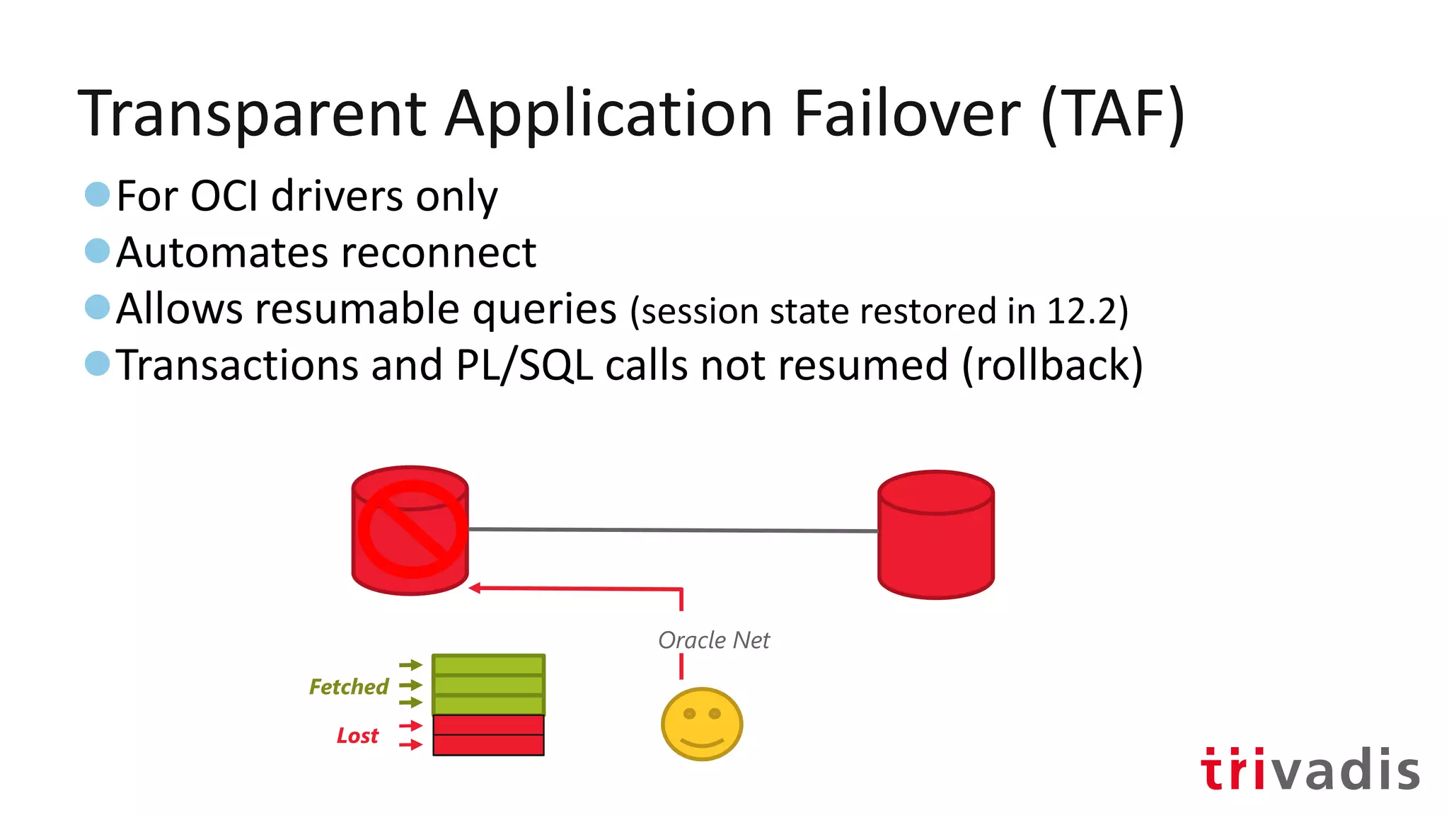 Transparent Application Failover (TAF)
●For OCI drivers only
●Automates reconnect
●Allows resumable queries (session state restored in 12.2)
●Transactions and PL/SQL calls not resumed (rollback)
Oracle Net
Fetched
Lost
 
