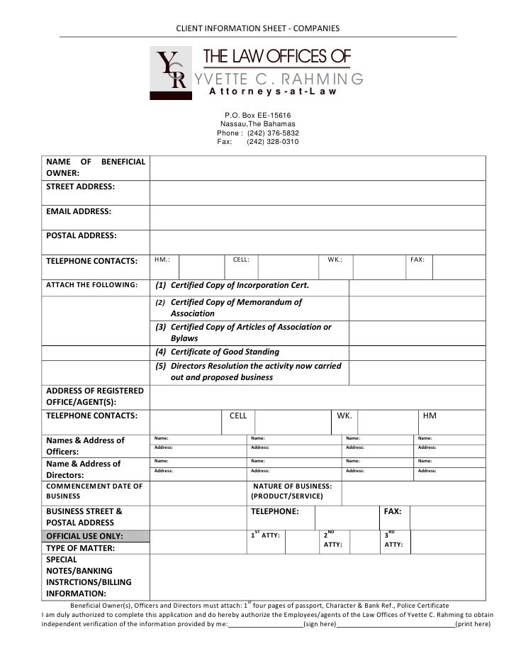 Client Information Sheet Pany