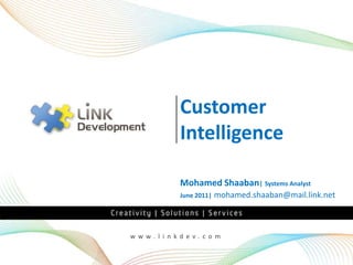 Customer
              Intelligence

              Mohamed Shaaban| Systems Analyst
              June 2011|   mohamed.shaaban@mail.link.net



w w w. l i n kd e v. c o m
w w w. l i n kd e v. c o m
 