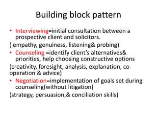 Building block pattern
• Interviewing=initial consultation between a
prospective client and solicitors.
( empathy, genuiness, listening& probing)
• Counseling =identify client’s alternatives&
priorities, help choosing constructive options
(creativity, foresight, analysis, explanation, co-
operation & advice)
• Negotiation=implementation of goals set during
counseling(without litigation)
(strategy, persuasion,& conciliation skills)
 