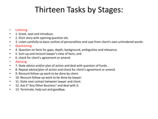 Thirteen Tasks by Stages:
• Listening
• 1. Greet, seat and introduce.
• 2. Elicit story with opening question etc.
• 3. Listen carefully to basic outline of personalities and case from client's own unhindered words.
• Questioning
• 4. Question on facts for gaps, depth, background, ambiguities and relevance.
• 5. Sum up and recount lawyer's view of facts, and
• 6. check for client's agreement or amend.
• Advising
• 7. State advice and/or plan of action and deal with question of funds. .
• 8. Repeat advice/plan of action and check for client's agreement or amend.
• 9. Recount folIow-up work to be done by client.
• 10. Recount follow-up work to be done by lawyer.
• 11. State next contact between lawyer and client.
• 12. Ask if "Any Other Business“ and deal with it.
• 13. Terminate, help out and goodbye.
 