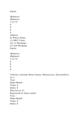 Equity
(Balance)
(Balance)
1-(2+3)
$
$
$
$
Address:
In Whose Name:
(1) MKT Value
(2) 1st Mortgage
(3) 2nd Mortgage
Equity
(Balance)
(Balance)
1-(2+3)
$
$
$
$
Vehicles: (include Motor homes, Motorcycles, Snowmobiles,
etc.)
Year:
Make/Model:
Value: $
Debts: $
Who drives it?
Registered in whose name?
Year:
Make/Model:
Value: $
Debts: $
 