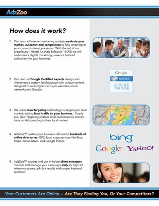 How does it work?
1. Our team of Internet marketing analysts evaluate your
   market, customer and competition to fully understand
   your current internet presence. With the aid of our
   proprietary “Needs Analysis Software” (NAS) we will
   customize a digital marketing presence tailored
   exclusively for your business.




2. Our team of Google Certified experts design and
   implement a custom landing page with unique content
   designed to rank higher on major websites, social
   networks and Google.




3.	 We	utilize	Geo-Targeting technology to target your local
    market, driving local traffic to your business. Simply
    put, Geo-Targeting enables local businesses to concen -
    trate on Ad spending in their local market.



4. AdzZoo™ pushes your business info out to hundreds of
   online directories, GPS, local maps services like Bing
   Maps, Yahoo Maps, and Google Places.




5.	 AdzZoo™	experts	and	our	in-house	client managers
    monitor and manage your campaign daily for high ad
    relevancy scores, ad click results and proper keyword
    selection.
 