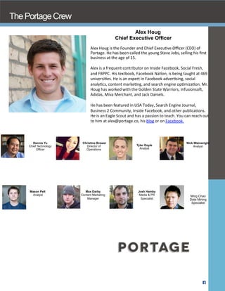 Max Darby
Content Marketing
Manager
Josh Hamby
Media & PR
Specialist
Dennis Yu
Chief Technology
Officer
Christine Brewer
Director of
Operations
Tyler Doyle
Analyst
Nick Wainwright
Analyst
Mason Pelt
Analyst Ming Chao
Data Mining
Specialist
ThePortageCrew
Alex Houg
Chief Executive Officer
Alex	
  Houg	
  is	
  the	
  Founder	
  and	
  Chief	
  ExecuGve	
  Oﬃcer	
  (CEO)	
  of	
  
Portage.	
  He	
  has	
  been	
  called	
  the	
  young	
  Steve	
  Jobs,	
  selling	
  his	
  ﬁrst	
  
business	
  at	
  the	
  age	
  of	
  15.	
  	
  
	
  
Alex	
  is	
  a	
  frequent	
  contributor	
  on	
  Inside	
  Facebook,	
  Social	
  Fresh,	
  
and	
  FBPPC.	
  His	
  textbook,	
  Facebook	
  NaGon,	
  is	
  being	
  taught	
  at	
  469	
  
universiGes.	
  He	
  is	
  an	
  expert	
  in	
  Facebook	
  adverGsing,	
  social	
  
analyGcs,	
  content	
  markeGng,	
  and	
  search	
  engine	
  opGmizaGon.	
  Mr.	
  
Houg	
  has	
  worked	
  with	
  the	
  Golden	
  State	
  Warriors,	
  Infusionso<,	
  
Adidas,	
  Miva	
  Merchant,	
  and	
  Jack	
  Daniels.	
  	
  	
  
	
  
He	
  has	
  been	
  featured	
  in	
  USA	
  Today,	
  Search	
  Engine	
  Journal,	
  
Business	
  2	
  Community,	
  Inside	
  Facebook,	
  and	
  other	
  publicaGons.	
  
He	
  is	
  an	
  Eagle	
  Scout	
  and	
  has	
  a	
  passion	
  to	
  teach.	
  You	
  can	
  reach	
  out	
  
to	
  him	
  at	
  alex@portage.co,	
  his	
  blog	
  or	
  on	
  Facebook.	
  
	
  
 