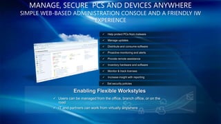 MANAGE, SECURE PCS AND DEVICES ANYWHERE
SIMPLE WEB-BASED ADMINISTRATION CONSOLE AND A FRIENDLY IW
                       EXPERIENCE

                          

                          

                         

                          

                          

                          

                          

                          

                         




          

          
 