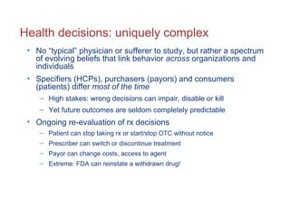Health decisions: uniquely complex No “typical” physician or sufferer to study, but rather a spectrum of evolving beliefs that link behavior  across  organizations and individuals Specifiers (HCPs), purchasers (payors) and consumers (patients) differ  most of the time   High stakes: wrong decisions can impair, disable or kill  Yet future outcomes are seldom completely predictable Ongoing re-evaluation of rx decisions Patient can stop taking rx or start/stop OTC without notice Prescriber can switch or discontinue treatment Payor can change costs, access to agent Extreme: FDA can reinstate a withdrawn drug! 