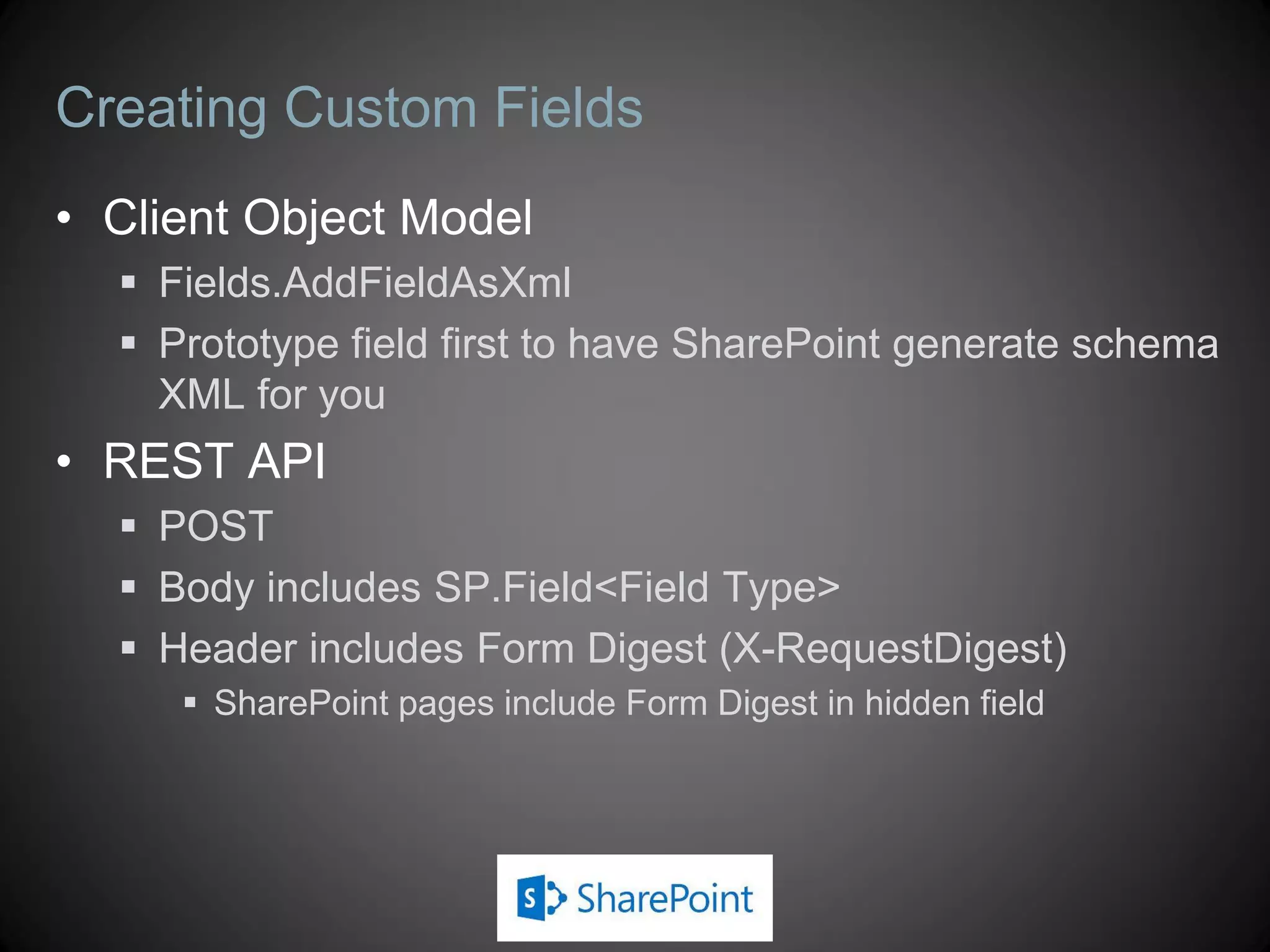 Retrieving List Items
 Somewhat different than Server OM
 Set of items accessed by List.GetItems method
 Forces use of CAML query to encourage reduced result sets
 Selecting fields to be returned
 Can use ViewFields in query
 Can use Include with Load or LoadQuery
 CSOM does not support cross-list CAML queries
 Can use KeywordQuery with Search API for similar results
Task Server OM Managed Client OM
Get list web.Lists[“Products”] web.Lists.GetByTitle(“Products”)
Get items list.Items list.GetItems(query)
Get item title item.Title item[“Title”]
Query type SPQuery CamlQuery
 