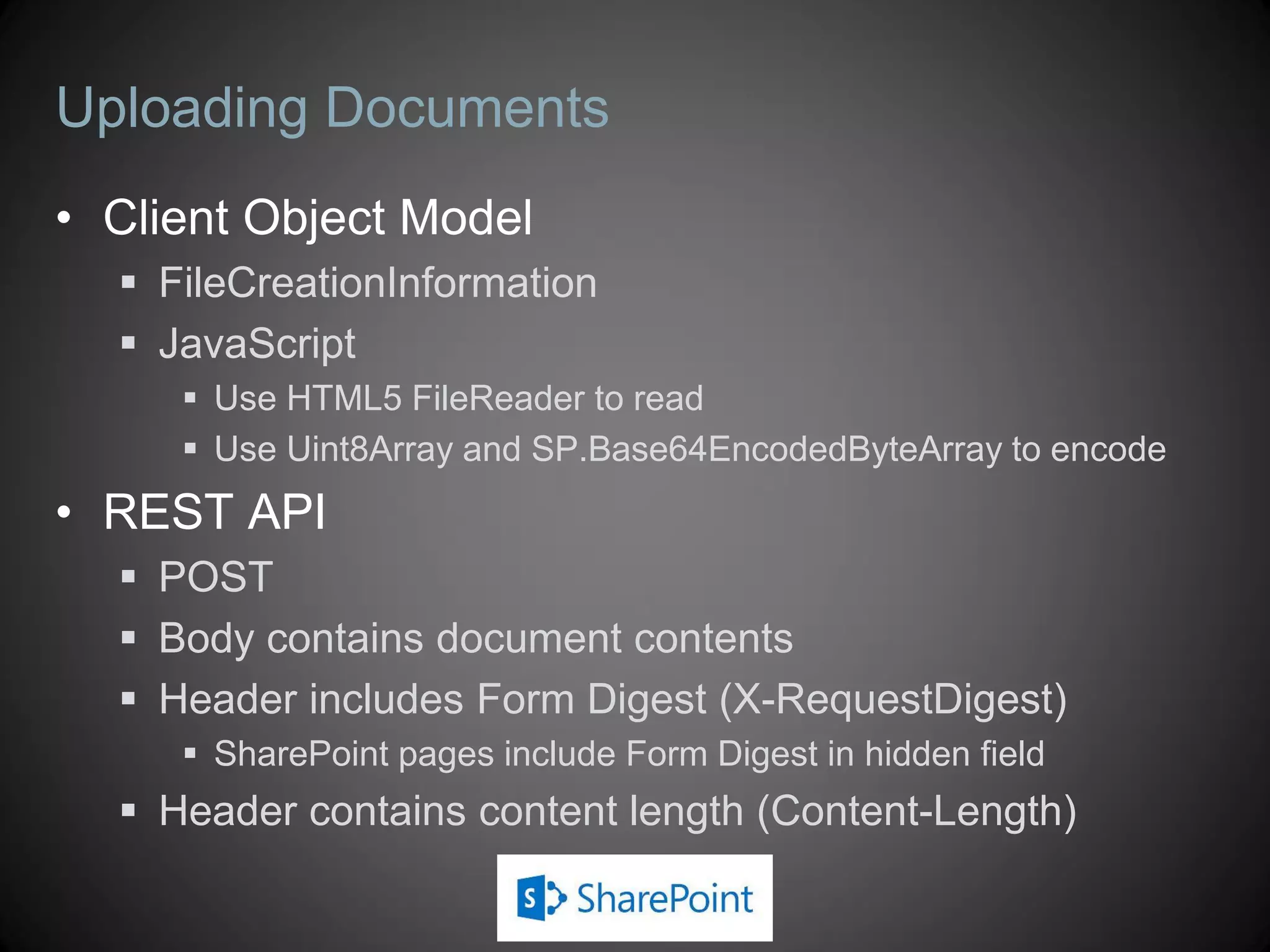 Using CAML Queries
var web = context.Web;
var list = web.Lists.GetByTitle("Products");
var query = new CamlQuery();
query.ViewXml = "<View>" +
"<Query>" +
"<Where><Eq>" +
"<FieldRef Name='Category' " +
"LookupId='True' />" +
"<Value Type='Lookup'>1</Value>" +
"</Eq></Where>" +
"</Query>" +
"</View>";
var items = list.GetItems(query);
context.Load(items,
c => c.Include(li => li["ID"], li => li["Title"]));
context.ExecuteQuery();
var context = SP.ClientContext.get_current();
var web = context.get_web();
var list = web.get_lists().getByTitle("Products");
var query = new SP.CamlQuery();
query.set_viewXml("<View>" +
"<Query>" +
"<Where><Eq>" +
"<FieldRef Name='Category' " +
"LookupId='True' />" +
"<Value Type='Lookup'>1</Value>" +
"</Eq></Where>" +
"</Query>" +
"<RowLimit>5</RowLimit>" +
"</View>");
var items = list.getItems(query);
context.load(web, "Title");
context.load(items, "Include(ID, Title)");
context.executeQueryAsync(success, fail);
Managed: JavaScript:
 